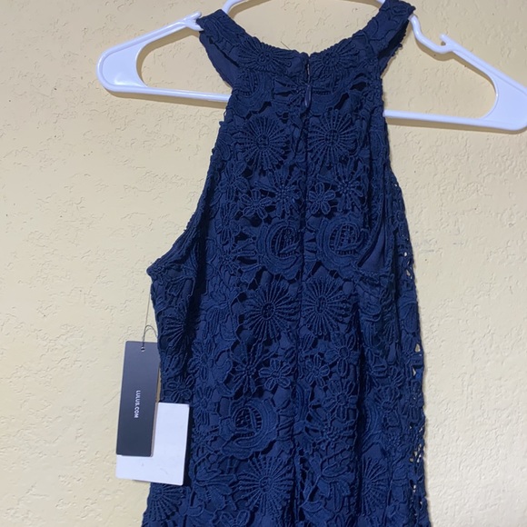 Lulus love Poem Navy Blue Lace High Neck Halter Style Mini Dress - Picture 4 of 4